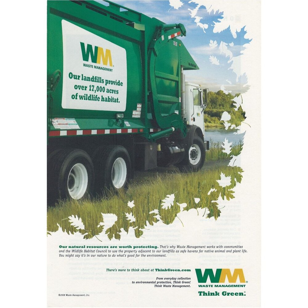 2009 Wast Management Full Page Print Ad Original Garbage Truck